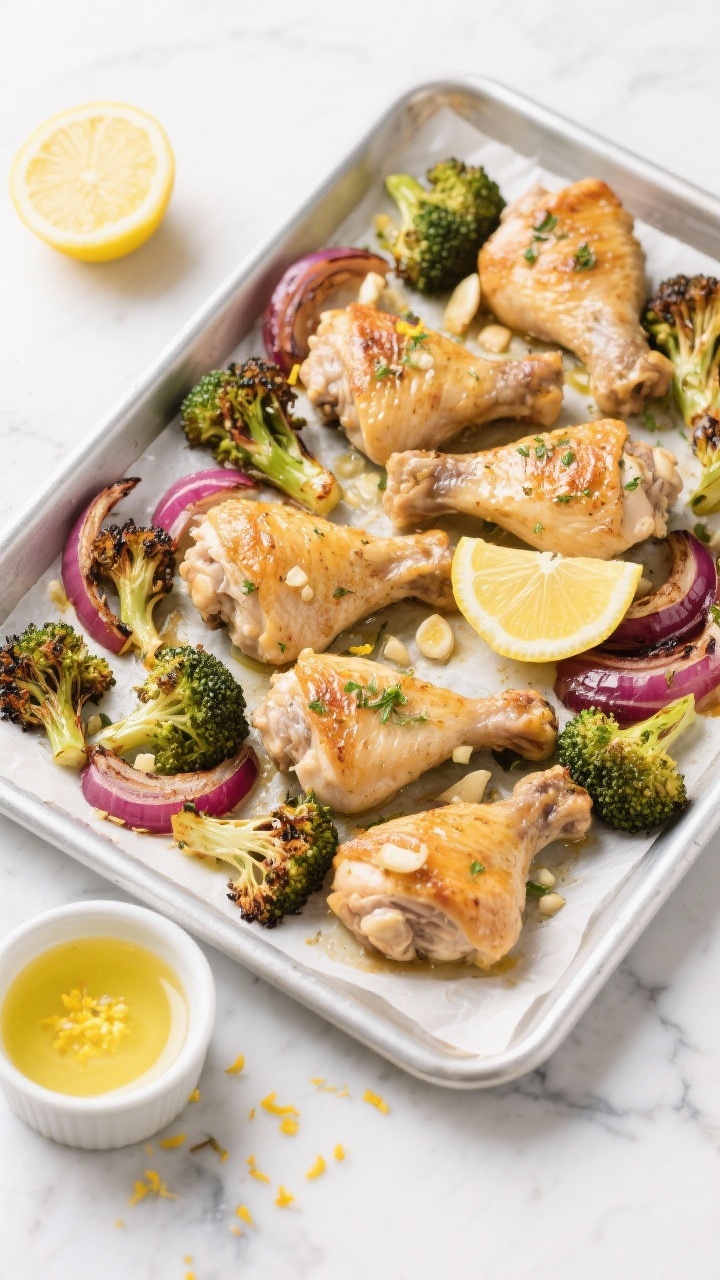 Overhead sheet-pan shot: lemon-herb boneless skinless chicken thighs (about 6 pieces) roasted alongside crispy charred-edge broccoli florets and red onion slices on a parchment-lined metal sheet tray. Visible zest and wedges from one large lemon, glossy extra-virgin olive oil sheen, minced garlic bits clinging to the chicken, light golden browning. Bright, clean, healthy vibe on a light marble surface; include a small ramekin with lemon juice and scattered lemon zest, no people.