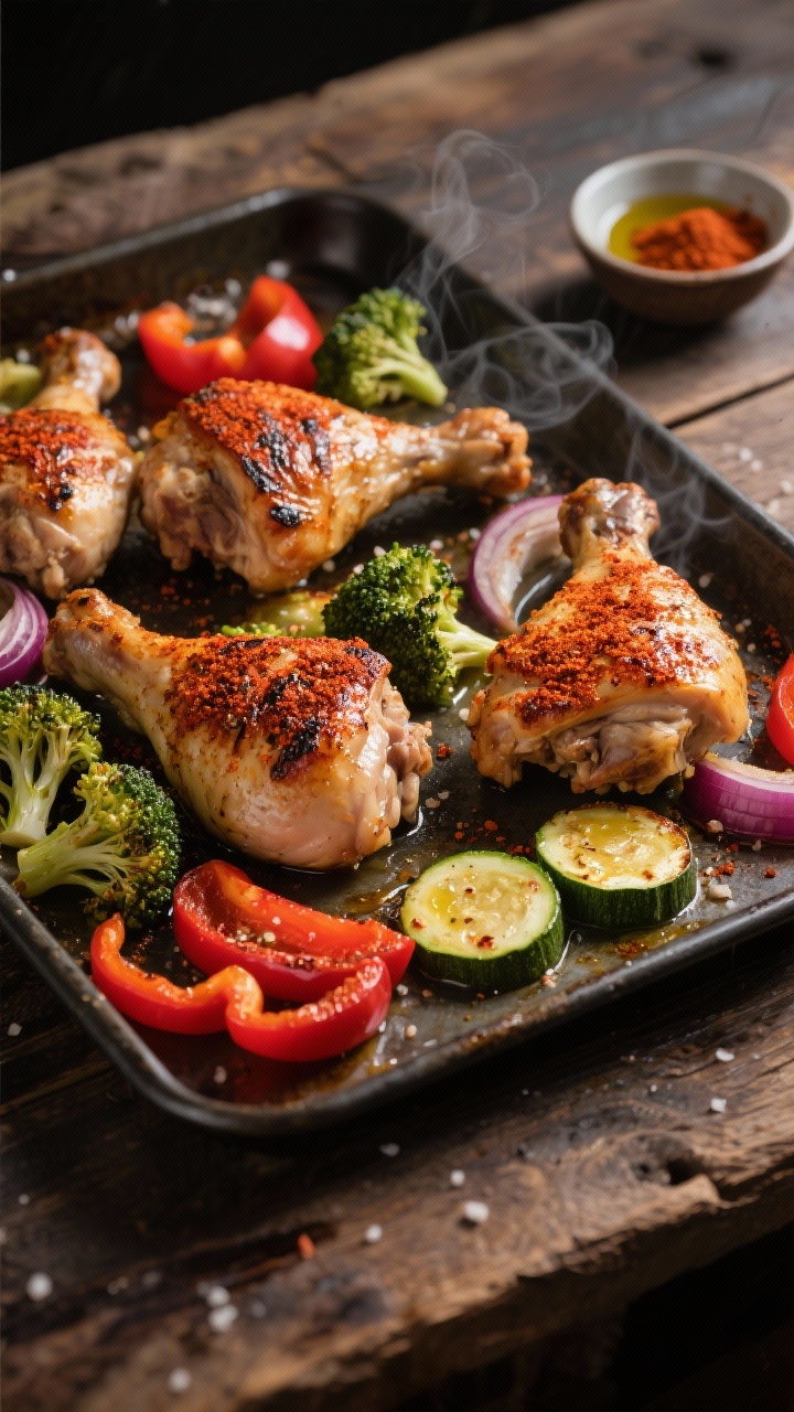 Overhead sheet-pan shot: smoky paprika-rubbed bone-in, skin-on chicken thighs with trimmed skin, charred broccoli florets, red bell pepper slices, red onion wedges, and zucchini half-moons glistening with olive oil; deep caramelized edges, visible paprika speckles and coarse salt; roasted on a dark metal sheet pan with faint wisps of steam, styled on a rustic wooden table with a small bowl of smoked paprika and a drizzle of olive oil in frame; dramatic contrast, warm tones, crisp veggie texture emphasized.