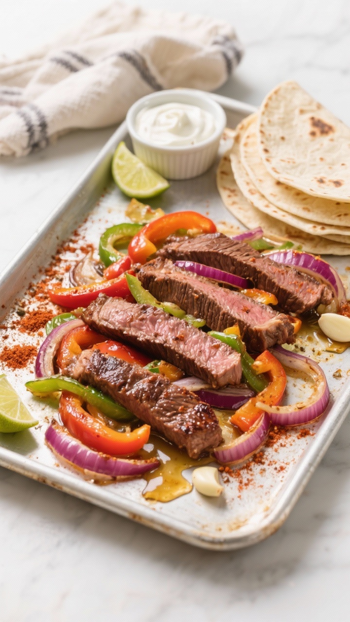 Overhead sheet-pan steak fajitas straight from the oven: flank/skirt steak strips with sizzling browned edges, tri-color bell pepper slices and red onion ribbons glistening with olive oil; dusting of chili powder, cumin, smoked paprika, and garlic powder visible on surfaces; warm tortillas wrapped in a towel nearby, lime wedges and a ramekin of sour cream on the side, bright, fuss-free styling.
