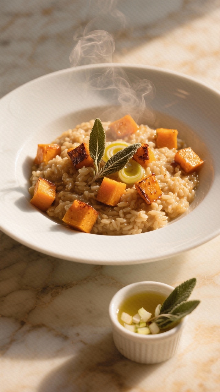 Overhead shot of a creamy brown butter butternut squash risotto in a wide, shallow white bowl, dotted with small-diced roasted butternut squash, glossy from brown butter, finished with crispy fried sage leaves and a swirl of olive oil; a small ramekin of low-sodium broth, minced shallot, and extra sage leaves styled on a warm marble surface; soft golden-hour lighting, steam gently rising.