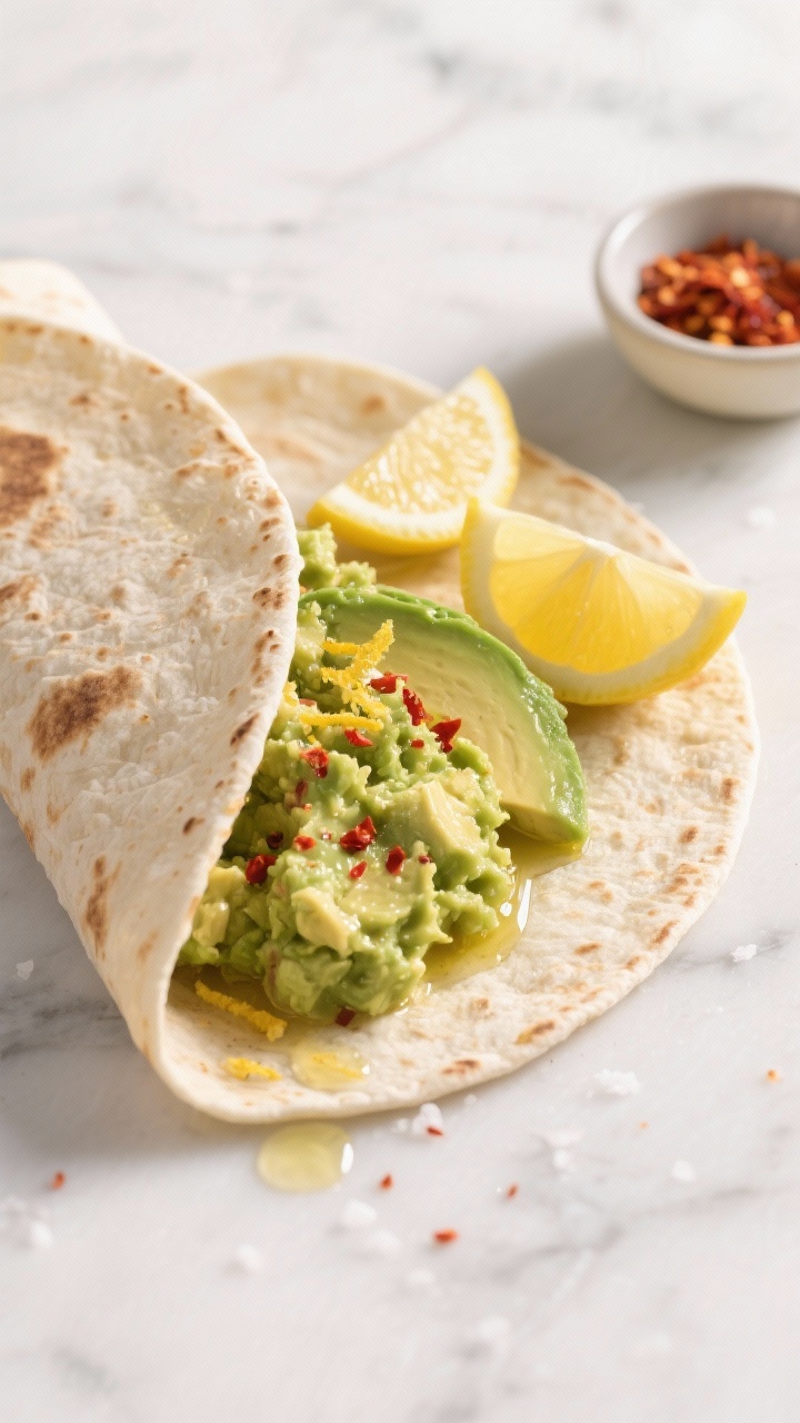 Overhead shot of a Five-Minute Avocado Smash Wrap: a warm tortilla on a light marble surface filled with chunky ripe avocado mash flecked with lemon zest, lemon juice glistening, extra-virgin olive oil sheen, red pepper flakes sprinkled for heat, and a pinch of kosher salt; half the wrap folded with some smash spilling out, lemon wedges and a tiny bowl of chili flakes on the side, bright morning light, crisp and fresh, no people.