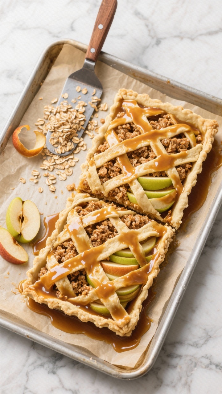 Overhead shot of a golden caramel apple slab pie on a rimmed sheet pan, lattice of 2 prepared pie crusts peeking through a cinnamon-oat crumble, with glossy caramel pooling around tender thin slices of Granny Smith and Honeycrisp apples; granulated and light brown sugar sheen visible on bubbling edges, warm fall tones, rustic parchment-lined baking sheet on a marble surface, a pie server beside scattered oat crumble and a few apple peel curls, crisp texture detail and steam hint.