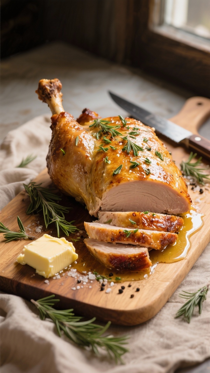 Overhead shot of a golden herb-butter roast bone-in turkey breast resting on a wooden carving board, skin blistered and glossy from olive oil, flecked with chopped fresh thyme and rosemary, kosher salt and black pepper visible on the crust; sliced pieces reveal shockingly juicy, tender meat with glistening juices pooling; butter pats and herb sprigs scattered, warm neutral linens and a carving knife nearby, moody natural window light.