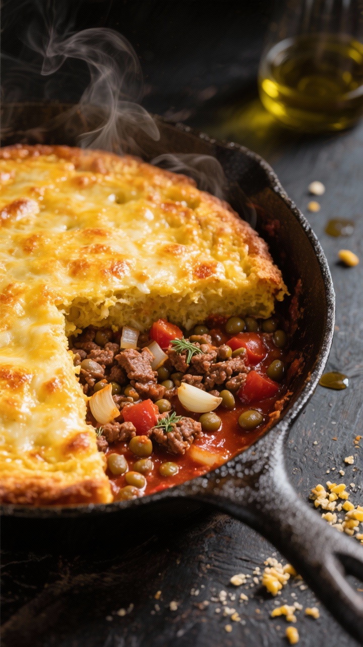Overhead shot of a one-pan saucy beef and lentil skillet just out of the oven, topped with a golden, bubbly cheesy cornbread crust. Visible underneath the cut wedge: ground beef with diced onion, minced garlic, cumin, smoked paprika, and dried oregano mingled with tender lentils in a tomatoey sauce. Cast-iron skillet on a dark rustic surface, a few cornmeal crumbs and a drizzle of olive oil on the rim, steam rising, rich reds and burnished golds, moody lighting, no people.