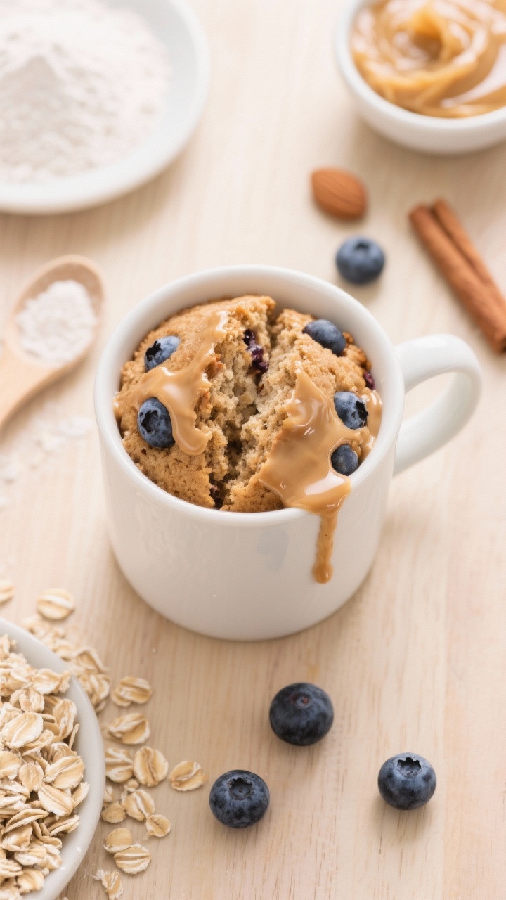 Overhead shot of a protein oat mug cake just lifted from a white mug, split open to reveal blueberries studded throughout: ingredients referenced around it—quick oats, a scoop of vanilla protein powder, baking powder, cinnamon, and a small bowl of unsweetened applesauce; glossy almond butter drizzle cascading over the warm cake, a few fresh blueberries scattered, set on a light wooden surface.