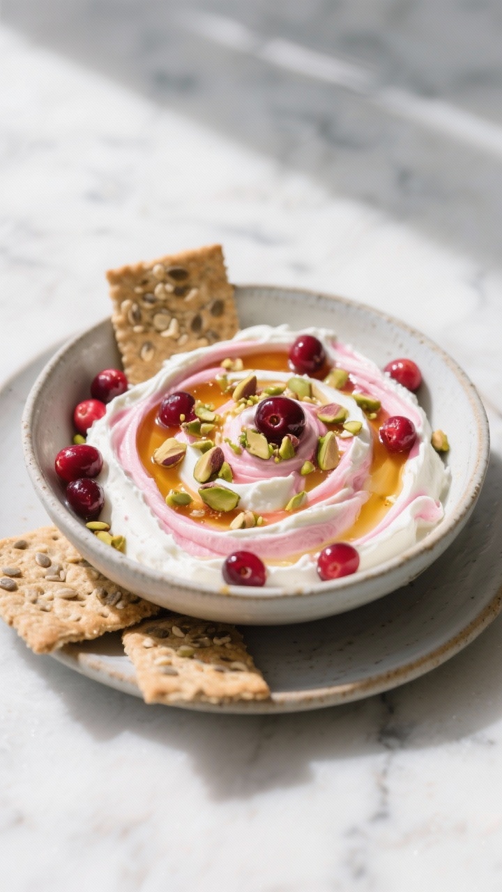 Overhead shot of a shallow ceramic bowl filled with cranberry-whipped goat cheese swirled with visible ribbons of whole-berry cranberry sauce, topped with a glossy drizzle of hot honey and a generous sprinkle of crushed pistachios; creamy white and blush-pink marbling, garnished with extra whole cranberries and pistachio dust; served with seeded crackers on a cool marble surface, soft natural window light, high contrast to highlight the fluffy texture and sticky honey sheen.