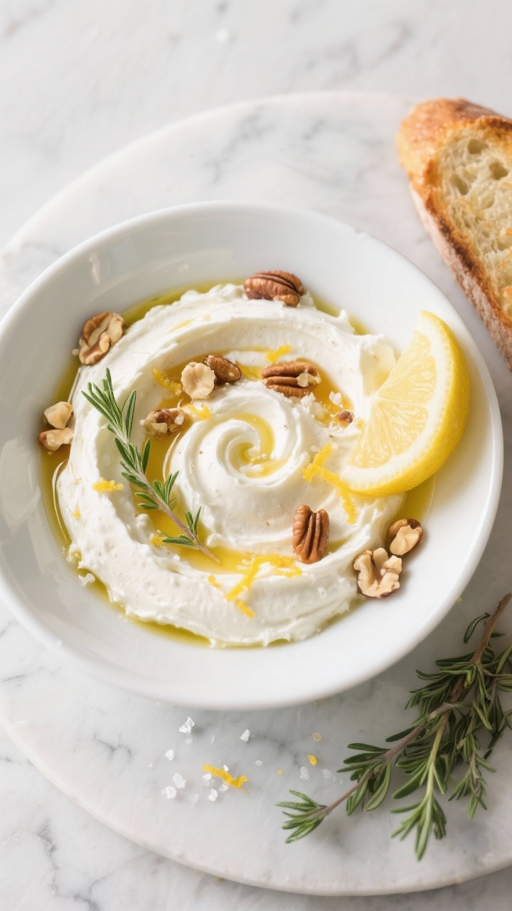 Overhead shot of a shallow white bowl filled with whipped goat cheese swirled to soft peaks, drizzled with glossy hot honey and extra-virgin olive oil, sprinkled with fresh thyme leaves, lemon zest, crunchy mixed nuts, and a pinch of kosher salt; lemon wedge and thyme sprigs on a cool marble surface, side of toasted crostini; bright, airy lighting highlighting the creamy texture.
