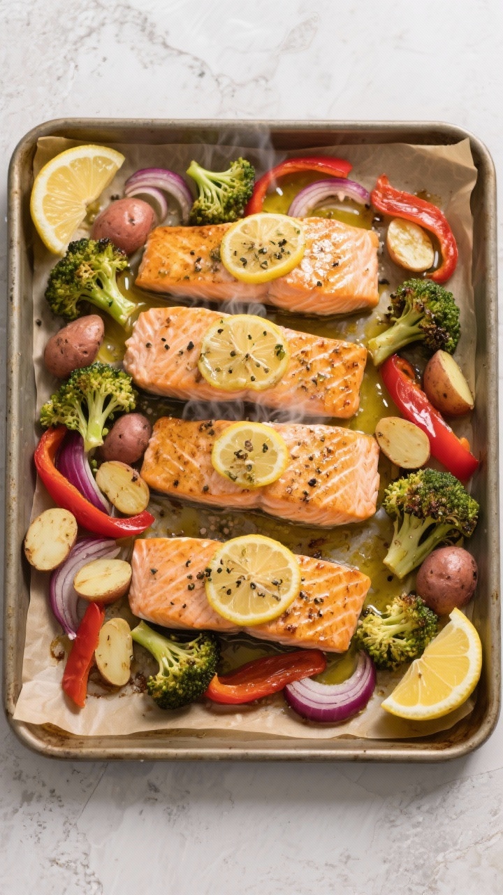 Overhead shot of a sheet pan dinner fresh from the oven: four skin-on lemon-garlic salmon fillets nestled among roasted broccoli florets, red bell pepper strips, red onion wedges, and halved baby potatoes. Visible lemon slices and a glossy extra-virgin olive oil sheen with coarse black pepper and sea salt. Styled on a parchment-lined rimmed baking sheet over a light stone surface, warm golden oven-roast highlights, steam faintly rising, clean and minimal, no people.