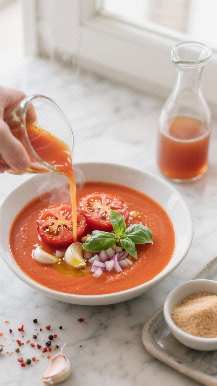 Overhead shot of a silky tomato basil soup being poured into a matte white bowl, showing roasted halved ripe tomatoes, roughly chopped onion, and whole garlic cloves glistening from olive oil on a side tray; garnished with torn fresh basil, a drizzle of olive oil, a pinch of red pepper flakes, and cracked black pepper; warm red-orange hues, smooth texture, subtle steam, set on a light marble surface with a small bowl of sugar and a carafe of vegetable broth in frame; soft natural window light, minimalist styling.