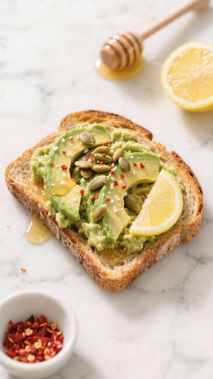 Overhead shot of a single slice of hearty toasted sourdough topped with a rough avocado smash (half avocado mashed with 1 tsp lemon juice), sprinkled with flaky salt and red pepper flakes, drizzled with golden honey, and finished with a tablespoon of roasted salted pepitas for crunchy “chili honey” texture; styled on a light marble surface with a lemon wedge, a small honey dipper, and a pinch bowl of red pepper flakes; crisp, bright morning light, high contrast, no people.