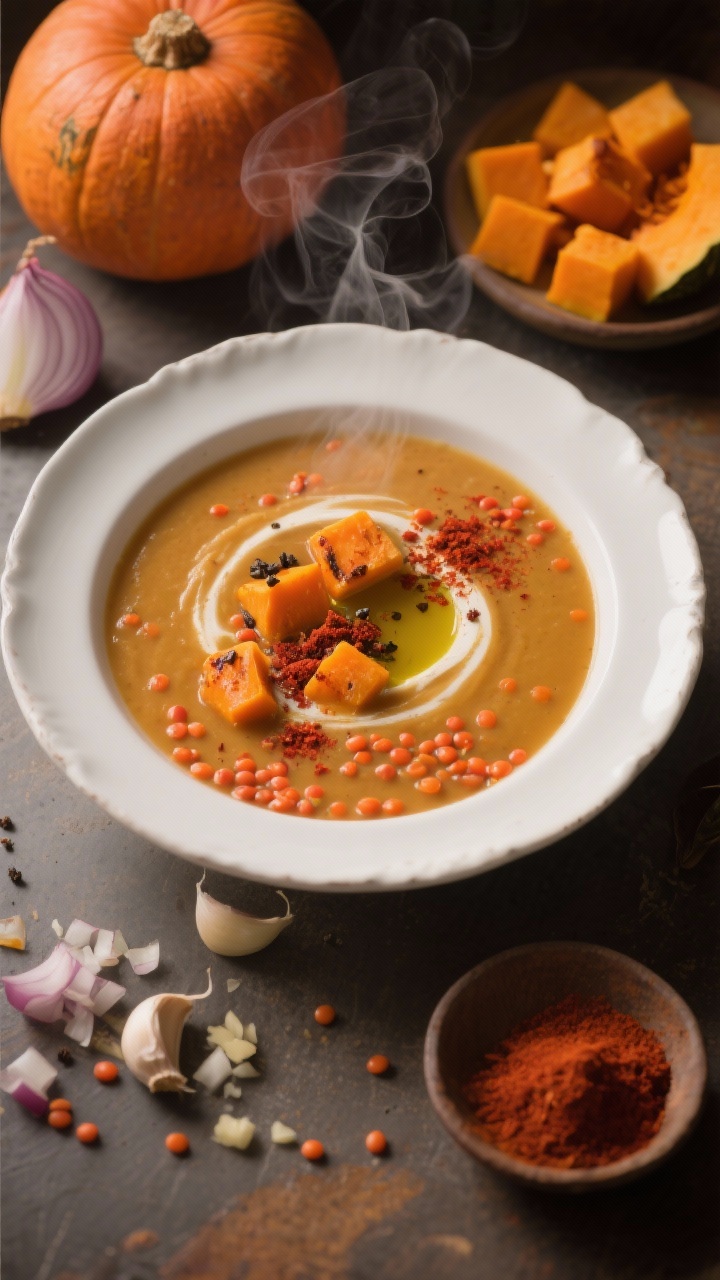 Overhead shot of a smoky roasted pumpkin and red lentil soup in a wide white ceramic bowl, thick and velvety with visible orange pumpkin cubes and tiny red lentils, dusted with smoked paprika and black pepper, a swirl of olive oil on top; surrounding props include a peeled and cubed sugar pumpkin, chopped onion, minced garlic, and a small dish of smoked paprika on a warm slate surface, moody autumn lighting, steam gently rising.