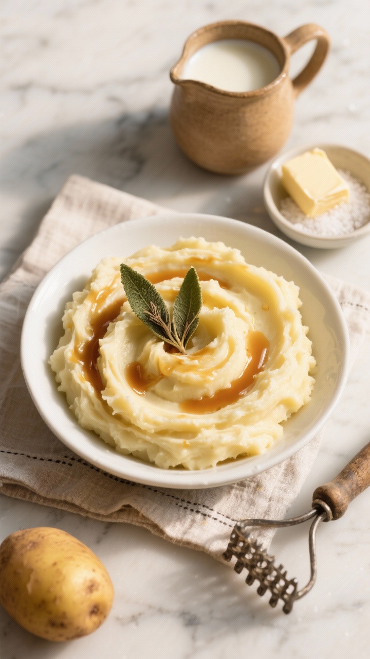 Overhead shot of Brown Butter Sage Mashed Potatoes in a wide, shallow white bowl, glossy swirls showing creamy Yukon Gold texture with puddles of nutty brown butter and crisped sage leaves on top; warm milk pitcher and a stick of unsalted butter partially melted nearby; a pinch bowl of kosher salt and a rustic potato masher on a linen napkin; cozy, golden afternoon light on a marble surface.