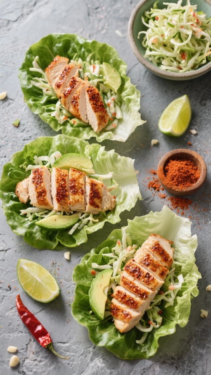 Overhead shot of chili-lime chicken lettuce wraps arranged on crisp butter lettuce leaves, topped with crunchy slaw. Thinly sliced chicken breast seared with chili powder, smoked paprika, cumin, garlic powder, and salt glistens with fresh lime juice and a light avocado oil sheen. Include lime wedges, chili powder pinch pots, and a small bowl of shredded slaw on a cool gray stone surface; vibrant greens and warm spices pop, clean-eating, bright and zesty mood, no people.