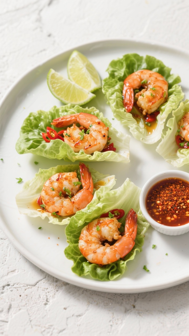 Overhead shot of chili-lime shrimp lettuce cups arranged like tacos on crisp butter lettuce leaves, filled with sizzling large shrimp seared in olive oil with chili powder, smoked paprika, ground cumin, garlic powder, and sea salt; lime zest sprinkled on top, lime wedges and a small ramekin of chili-lime sauce on the side, vibrant greens and warm red-orange shrimp tones on a matte white plate over a light stone background, sharp focus, natural daylight, appetizing gloss on shrimp.