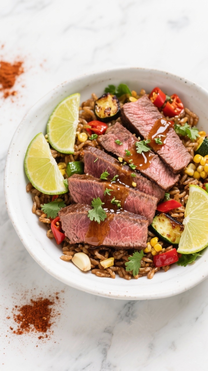Overhead shot of chili-lime steak bowls: sliced medium-rare flank steak fanned over cilantro-lime brown rice with roasted veggie confetti (red pepper, zucchini, corn), garnished with fresh lime wedges, lime zest, and a glossy chili-lime dressing made with olive oil, chili powder, cumin, smoked paprika, grated garlic, and a touch of honey; vibrant, high-contrast colors on a white ceramic bowl atop a light marble surface, scattered chili powder and lime halves nearby.