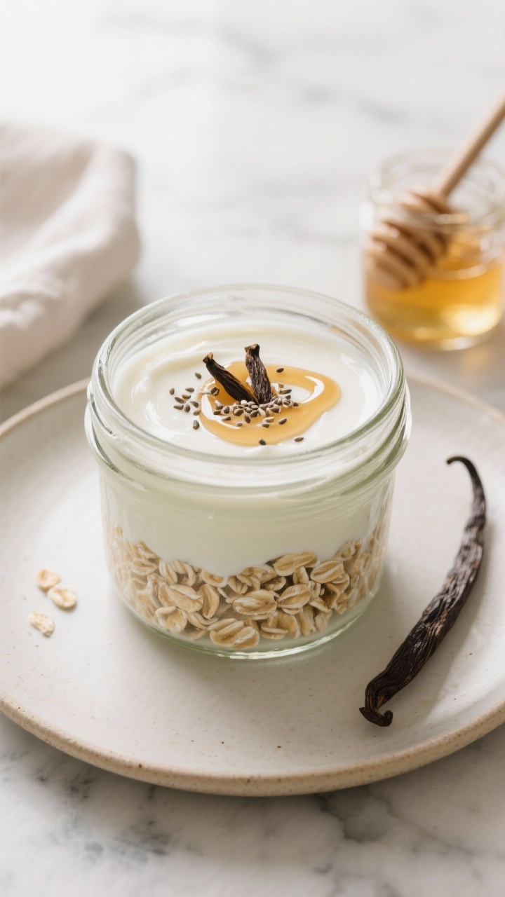 Overhead shot of classic creamy vanilla overnight oats in a clear glass jar, layered with old-fashioned rolled oats, milk, plain Greek yogurt, and a drizzle of maple syrup, vanilla bean seeds visible, topped with a light sprinkle of chia and a swirl of honey; neutral ceramic plate, soft morning light, minimal props (small jar of honey, vanilla pod), cool marble surface to emphasize the silky, pale cream texture.