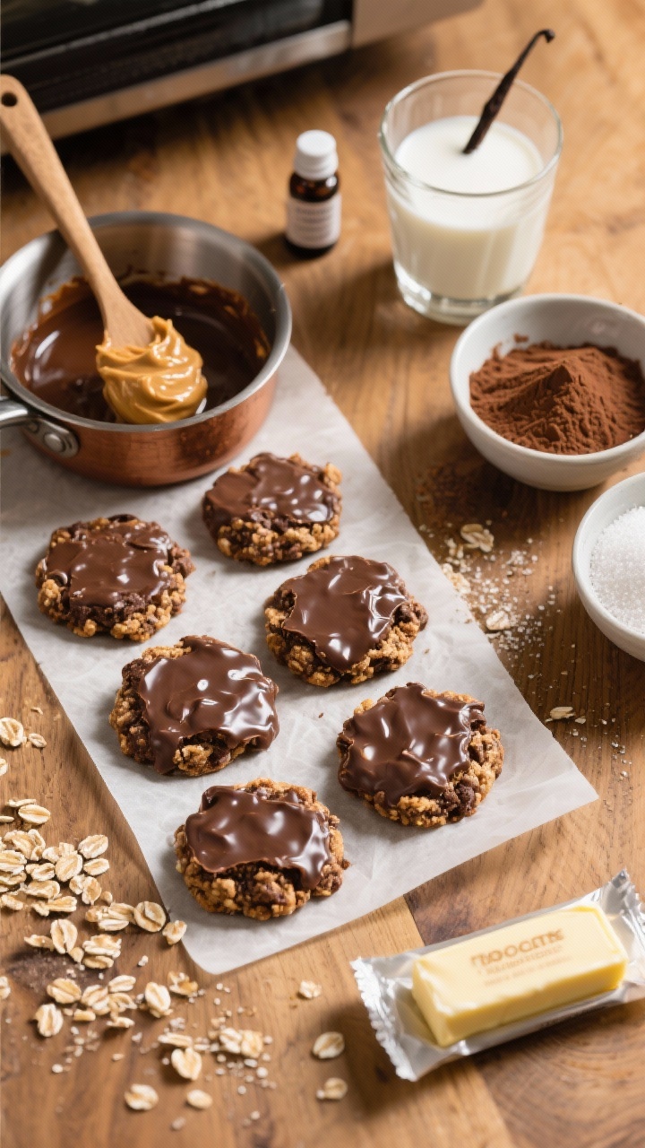 Overhead shot of classic no-bake chocolate peanut butter oat cookies cooling on parchment, glossy cocoa-chocolate sheen and rustic oat texture visible; a small saucepan with melted mixture residue, a scoop of creamy peanut butter, whole milk in a glass, vanilla extract vial, unsweetened cocoa powder and granulated sugar in bowls, and a stick of unsalted butter on wrapper; warm, cozy kitchen light on a wooden surface, crumbs scattered, no people.
