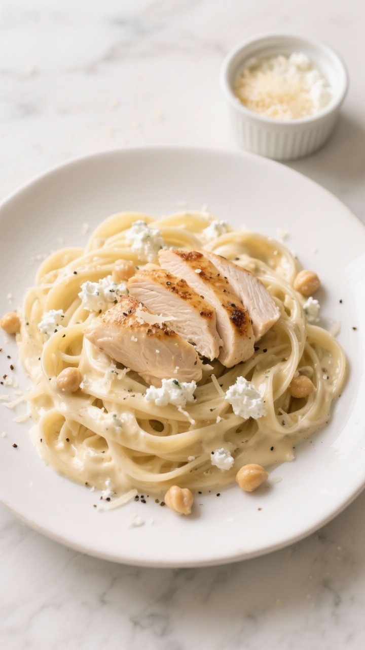 Overhead shot of creamy cottage cheese Alfredo fettuccine twirled with sliced grilled chicken breast on a wide white ceramic plate; visible low-fat cottage cheese–Parmesan sauce clinging to high-protein chickpea/whole-wheat fettuccine, flecks of minced garlic and cracked black pepper, a light Parmesan shower; set on a light marble surface with a small bowl of grated Parmesan and a ramekin of cottage cheese in frame; warm, soft lighting emphasizing glossy, velvety texture, no people.