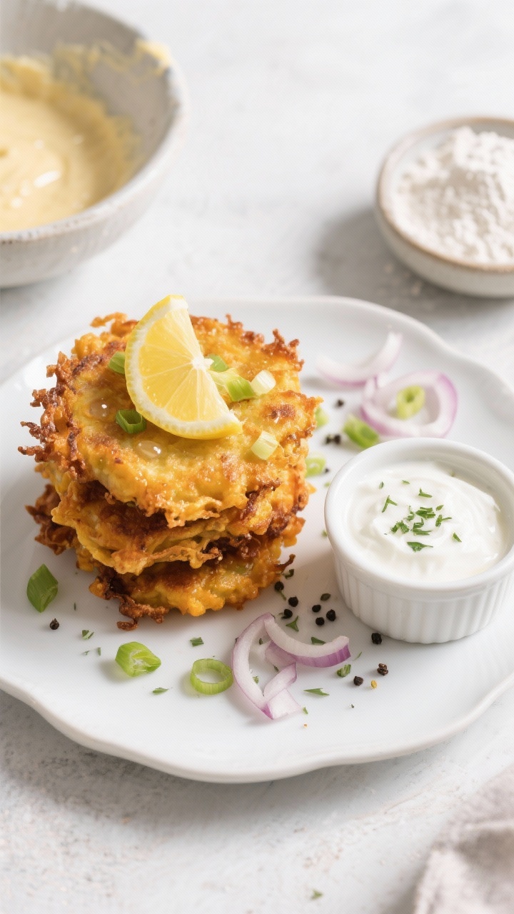 Overhead shot of crispy butternut squash fritters stacked on a white plate, edges frizzled and golden; side ramekin of lemon-herb yogurt with visible flecks of herbs; grated onion and scallions peeking from fritter interiors; a squeeze of lemon over the top creating glossy droplets; scattered sliced scallions and cracked black pepper; flour and a pinch of baking powder in a small bowl in the background hinting at the batter, bright daylight for crunchy texture.