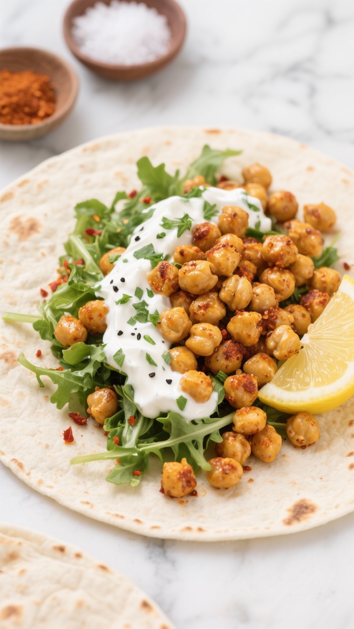 Overhead shot of crispy spiced chickpeas being assembled into warm flour tortillas for wraps: golden chickpeas roasted with olive oil, smoked paprika, cumin, garlic powder, and a sprinkle of chili flakes, piled over shredded greens with a generous swoosh of herby yogurt sauce (yogurt with chopped parsley and black pepper) and a squeeze of lemon; styled on a light marble surface with small bowls of spices, salt, and pepper, minimal props, vibrant, crunchy texture emphasized.