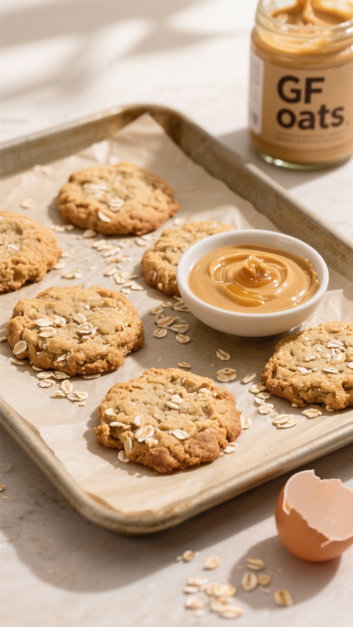 Overhead shot of freshly baked almond butter oat cookies on a parchment-lined sheet pan, golden and slightly craggy with visible rolled oats; small bowl of creamy unsweetened almond butter, a drizzle of pure maple syrup, and a cracked egg shell at the edge for context; warm neutral tones, soft window light, minimal props, gluten-free vibe emphasized with a “GF oats” label on a jar in the background.