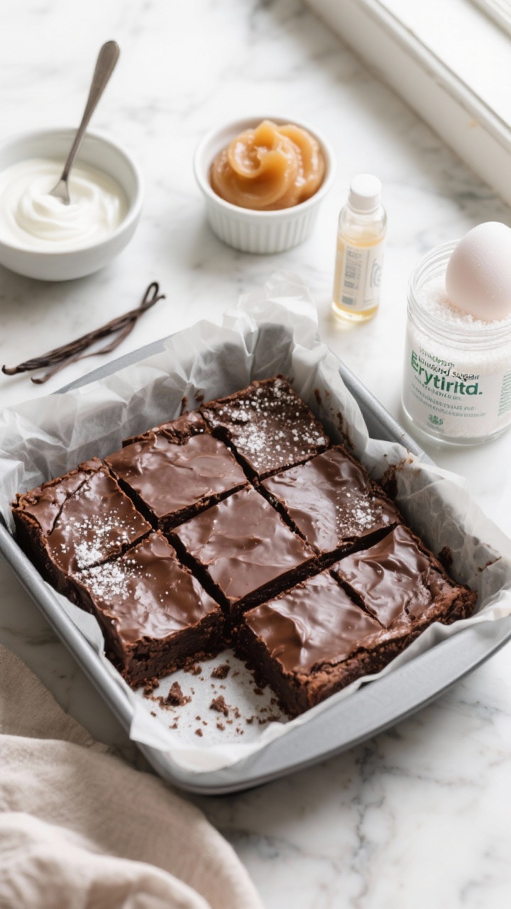 Overhead shot of fudgy Greek yogurt brownies just sliced in a parchment-lined square pan, ultra-moist interior and glossy cocoa surface, a light dusting of erythritol “powdered sugar.” Include props showing key light ingredients: a small bowl of plain nonfat Greek yogurt with a spoon swipe, a ramekin of unsweetened applesauce, a vial of vanilla extract, egg whites in a clear cup, and a jar of granular erythritol. Dark chocolate cocoa tones, clean marble surface, soft window light emphasizing fudgy texture and low-calorie vibe.
