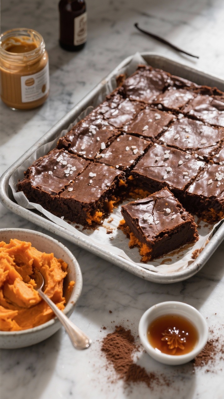 Overhead shot of fudgy sweet potato brownies just cut into squares in a parchment-lined metal pan, glossy crackly tops with a few flakes of sea salt, dense orange-tinged interior visible on one tilted piece. Surround with a small bowl of mashed roasted sweet potato, a jar of almond butter with spoon marks, a drizzle-y ramekin of pure maple syrup, unsweetened cocoa powder dusted on the marble surface, and a vanilla extract bottle. Natural window light, moody yet warm, focus on rich fudgy texture.
