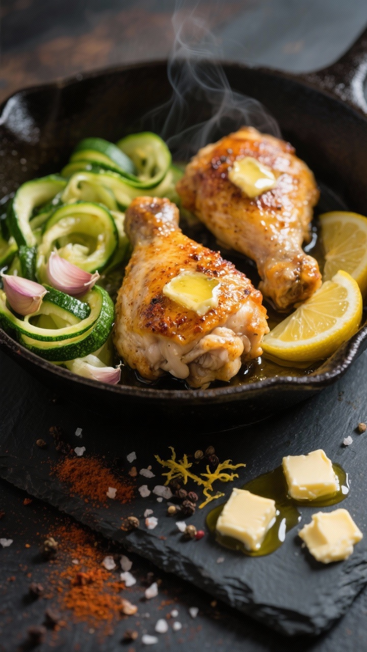 Overhead shot of garlicky lemon butter chicken thighs seared golden in a cast-iron skillet, skin blistered and glossy with butter, nestled beside bright green zucchini ribbons. Visible minced garlic, lemon slices and zest, a sprinkle of smoked paprika, kosher salt flakes, and cracked black pepper. Olive oil sheen, small butter pats melting, on a dark slate surface for contrast; warm, rustic mood, steam subtly rising.