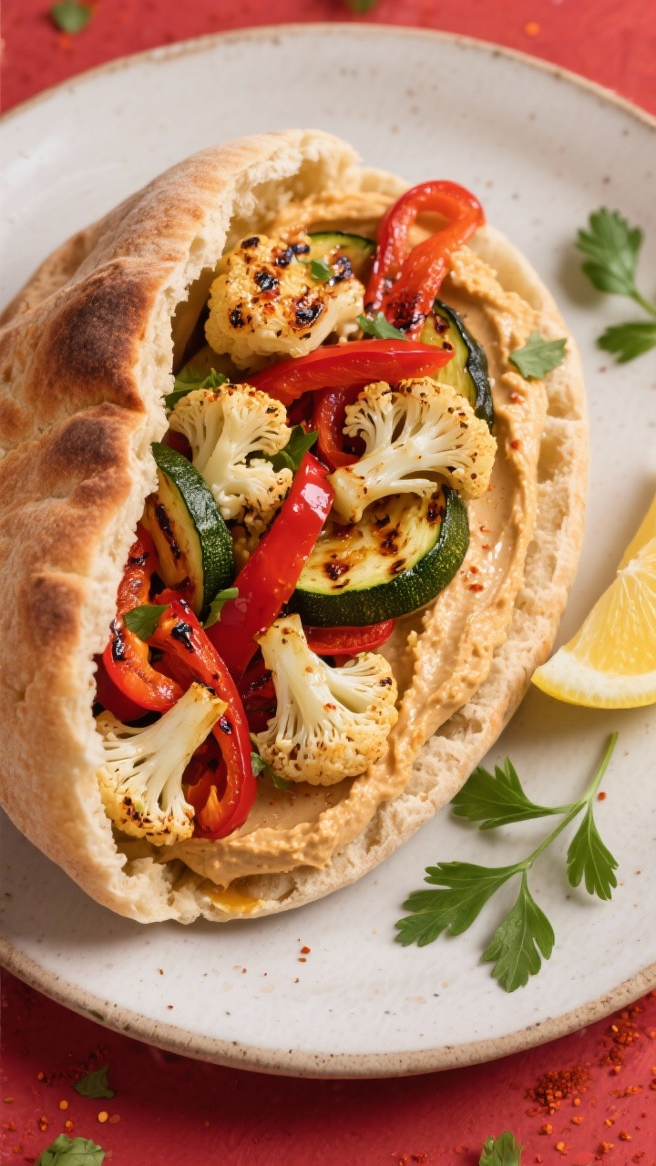 Overhead shot of harissa roasted veg and hummus pita pocket assembly: roasted cauliflower florets, zucchini half-moons, and red bell pepper strips tossed in olive oil and harissa; warm whole-wheat pita cut open and generously spread with hummus, stuffed with the charred vegetables; sprinkle of parsley and a lemon wedge on the side, vibrant reds and golds.