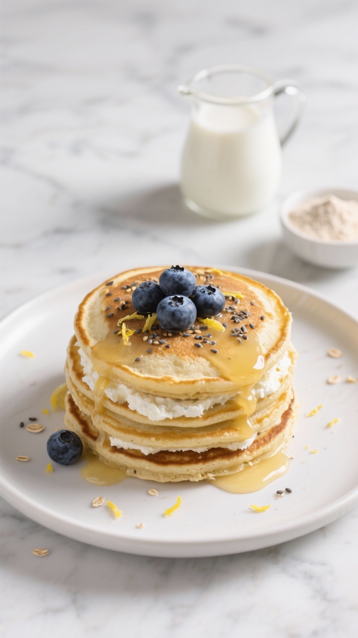 Overhead shot of lemon-ricotta protein pancakes stacked on a matte white plate, golden edges, topped with a glossy blueberry chia drizzle and fresh blueberries; visible textures of oat flour crumb and ricotta fluff, lemon zest sprinkled over, small pitcher of unsweetened almond milk and a scoop of vanilla protein powder in the background, soft morning light on a light marble surface, crisp and vibrant, no people.