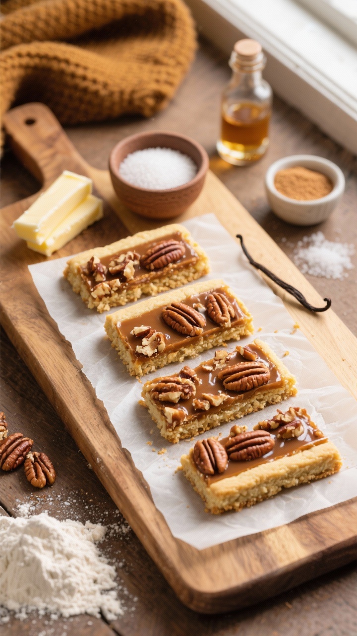 Overhead shot of maple pecan shortbread bars on a parchment-lined wooden board: buttery shortbread base with visible crumb, glossy maple pecan layer showing chopped toasted pecans, golden edges; ingredients styled around the board—sticks of unsalted butter, a ramekin of granulated sugar, a pinch bowl of light brown sugar, vanilla extract bottle, a small pile of flour, and fine salt; warm, cozy tones reminiscent of knit sweaters, natural window light.