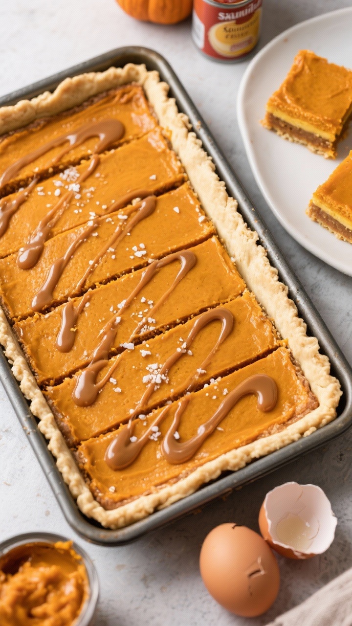 Overhead shot of Salted Caramel Pumpkin Pie Bars in a 9x13 pan lined with pie crust: smooth, deep-orange pumpkin filling cut into neat bars, glossy drizzle of jarred salted caramel across the tops, a few salt flakes sparkling; two bars plated off to the side showing clean layers; cans of pumpkin puree and sweetened condensed milk partially in frame, two cracked eggshells nearby; warm dessert tones and crisp focus.