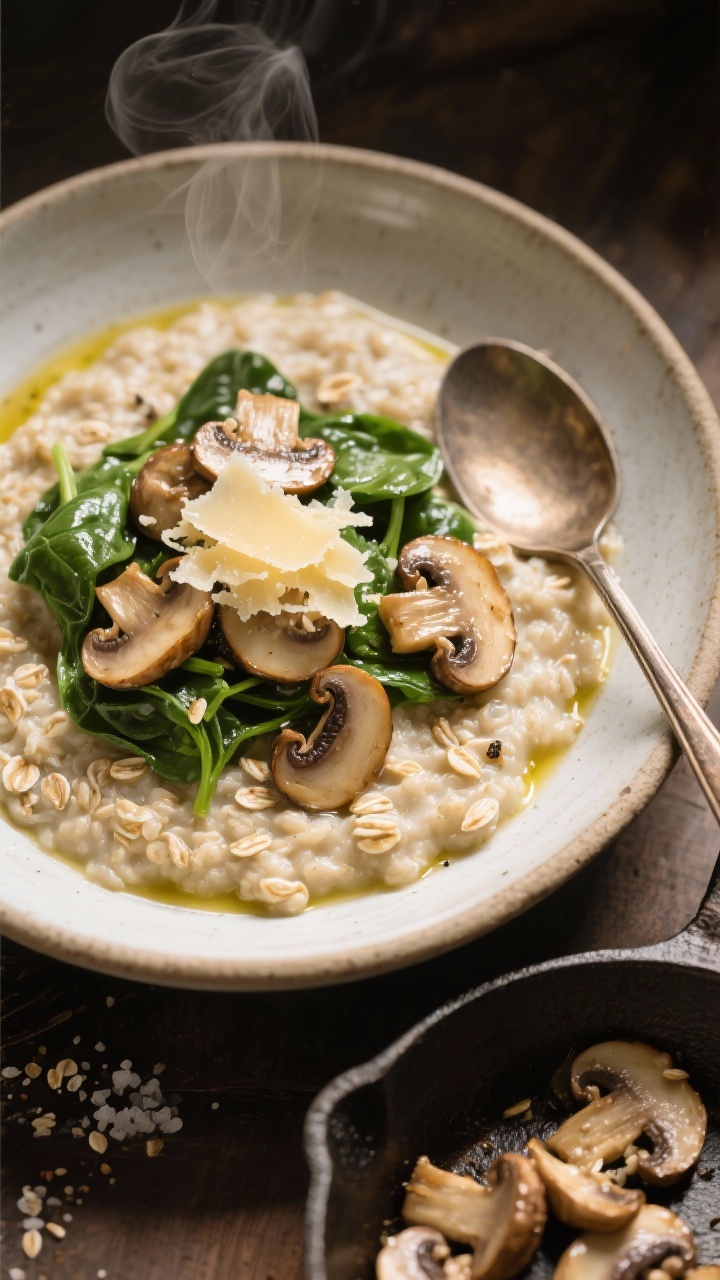 Overhead shot of savory oatmeal in a shallow bowl: creamy rolled oats cooked in low-sodium vegetable broth, topped with sautéed sliced mushrooms glistening in a touch of olive oil, wilted baby spinach, and a “kiss” of finely grated Parmesan melting over the top. A pinch of salt and freshly ground black pepper visible. Rustic spoon on the side, small skillet with leftover mushrooms and spinach in the corner. Warm, comforting tones, steam subtly rising.
