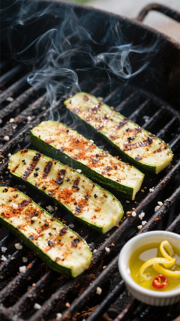 Overhead shot of smoky grilled zucchini planks on a hot grill grate, clear char marks and slight blistering, brushed with olive oil and dusted with smoked paprika, garlic powder, kosher salt, and black pepper; a small ramekin of lemon-chili drizzle and fresh lemon zest curls on the side; moody outdoor grilling scene with a light olive oil sheen and wisps of smoke, high-contrast, professional food styling