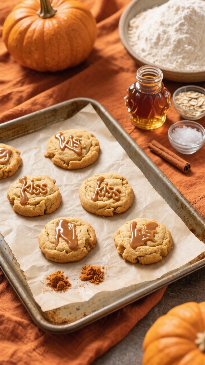 Overhead shot of soft pumpkin spice cookies on a parchment-lined baking sheet, domed and tender with a subtle maple “kiss” drizzle across a few cookies. Include small mounds of pumpkin pie spice and cinnamon, white whole wheat flour and oat flour, baking powder/soda, fine sea salt, and granulated monk fruit nearby. Warm autumnal styling: burnt orange linen, tiny maple syrup jar, cozy golden light.