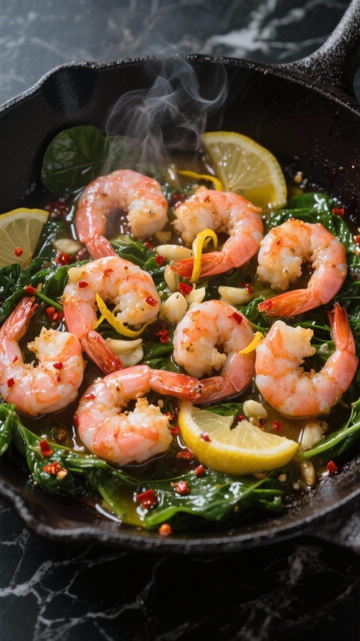 Overhead shot of spicy garlic shrimp sizzling in a black skillet: large pink shrimp coated in lemon butter with minced garlic and visible crushed red pepper flakes, lemon wedges and zest curls scattered, wilted greens (spinach) tucked around the edges, glossy sauce pooling, steam rising, shot on a dark marble surface for contrast, professional moody lighting.