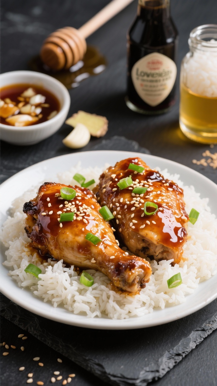 Overhead shot of sticky honey-garlic chicken thighs glistening with a lacquered honey-soy glaze, sprinkled generously with toasted sesame seeds and finely sliced green onions, served over steamed jasmine rice. Include a small bowl of the glossy sauce with visible minced garlic and grated ginger, and props showing bottles of low-sodium soy sauce, honey dipper, rice vinegar, and a drizzle of toasted sesame oil on a dark slate surface for contrast.