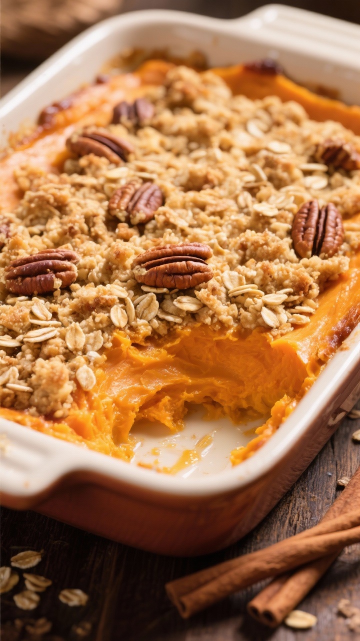 Overhead shot of sweet potato casserole in a ceramic baking dish: vivid orange, ultra-smooth sweet potato layer (butter, brown sugar, milk, eggs, vanilla, cinnamon) topped with a golden, crunchy oat-pecan crumble; crumbly texture with toasted pecan pieces catching the light; a corner scooped out to reveal contrast of creamy interior and crisp top; warm, cozy styling with cinnamon sticks.