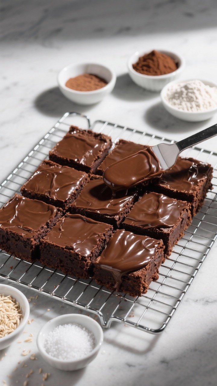Overhead shot of ultra-cocoa cakey brownies cut into neat squares on a wire rack, being finished with a glossy chocolate icing spreader mid-swipe. Include small bowls holding white whole wheat flour, cocoa powder, baking powder, baking soda, salt, and granular erythritol/monk fruit to reference the lighter base. High-contrast lighting to make the icing gleam, clean lines, and a modern bakery feel highlighting the cakey crumb.