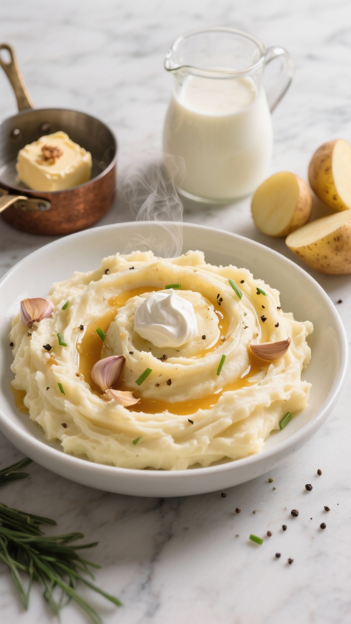 Overhead shot of ultra-creamy Brown Butter Mashed Potatoes in a wide, shallow white bowl: swirls of golden brown butter pooling, flecks of roasted garlic, and a dollop of tangy crème fraîche marbled through. Include a small saucepan of nutty browned unsalted butter with toasted milk solids, a warm jug of whole milk and heavy cream, and peeled Yukon Gold potato chunks on the side. Steam visible, sprinkled with cracked black pepper and chives on a light marble surface, moody-soft daylight.