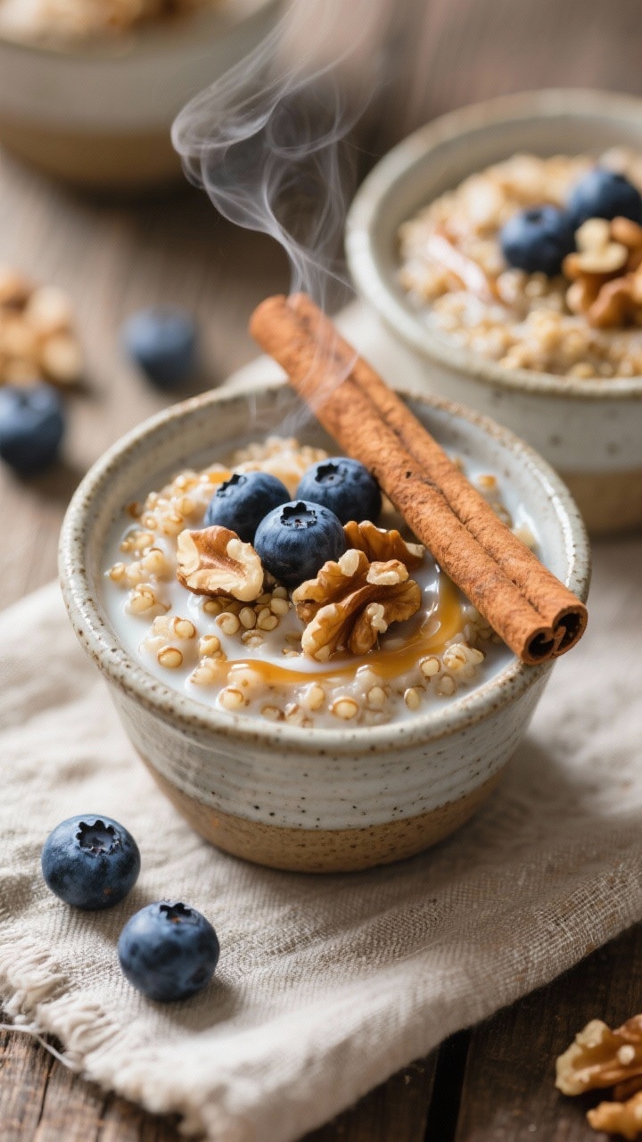 Overhead shot of Warm Cinnamon Quinoa Porridge Cups with blueberries: small stoneware cups filled with cinnamon-spiced cooked quinoa porridge, swirled with a touch of almond milk, topped with plump fresh blueberries, chopped walnuts, and a drizzle of maple; steam subtly rising, a cinnamon stick laid across one cup, rustic linen underneath, soft morning light.