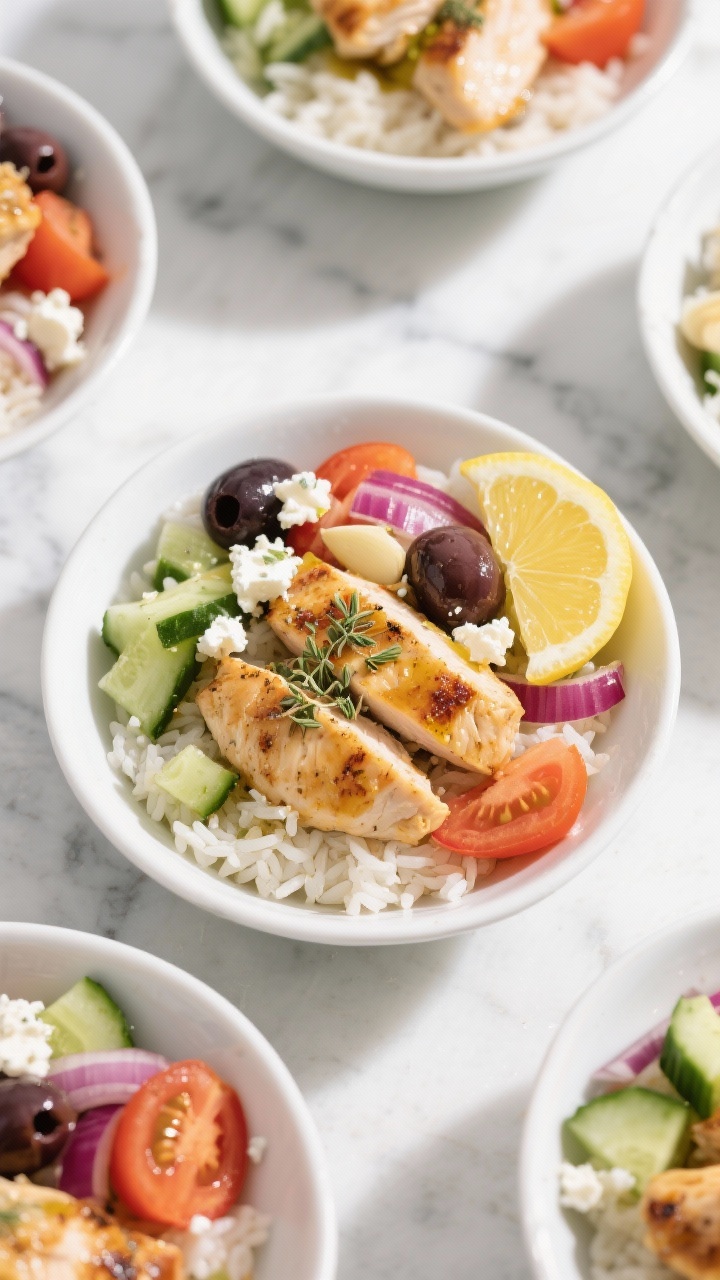 Overhead shot of zesty Greek chicken bowls assembled for meal prep: juicy bite-size chicken breast pieces seared with olive oil, lemon juice, dried oregano, and garlic powder, nestled over fluffy rice with chopped cucumber, tomatoes, red onion, Kalamata olives, and crumbled feta, finished with a lemon wedge and light olive oil sheen; bright Mediterranean colors on a white ceramic bowl set on a marble surface, clean, sunlit, vacation vibe, no people.