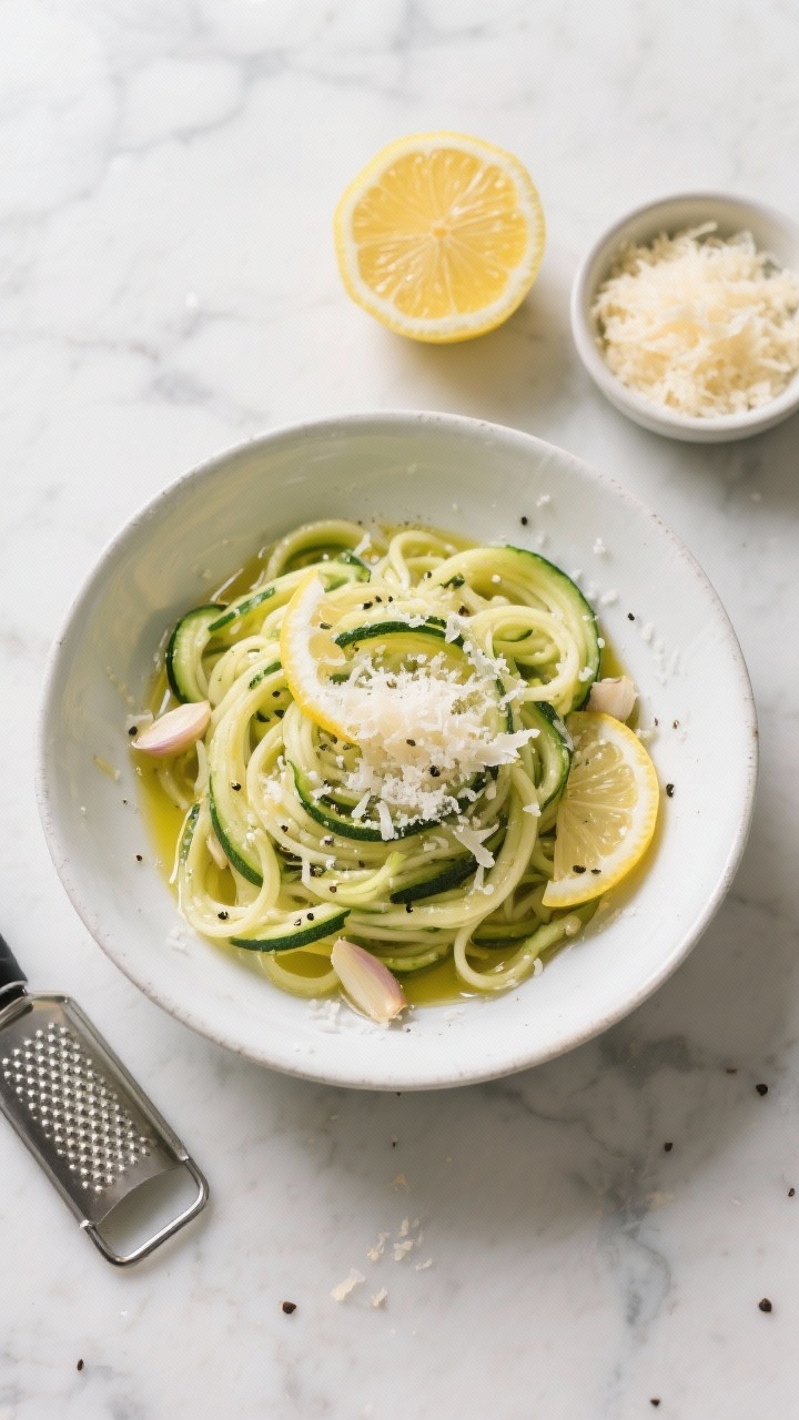 Overhead shot of zesty lemon-Parmesan zoodle bowls in a wide white ceramic bowl: spiralized zucchini “noodles” glistening with extra-virgin olive oil, flecks of minced garlic, bright lemon zest ribbons, and a glossy squeeze of fresh lemon juice, finished with a snowfall of finely grated Parmesan and cracked black pepper; a microplane, halved lemon, and a small bowl of grated Parmesan styled on a cool marble surface, clean, fresh, light mood, natural daylight.