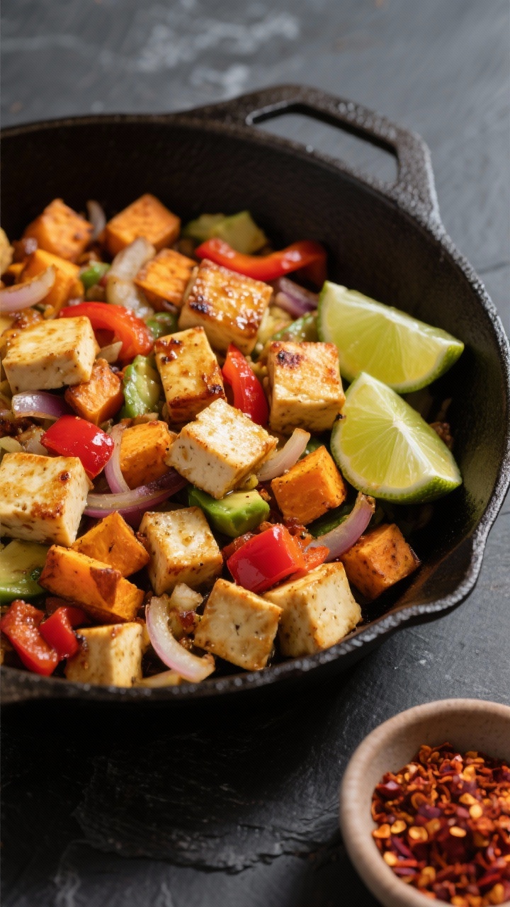 Overhead skillet ingredient-action shot of a Crispy Tofu and Veggie Breakfast Hash: extra-firm tofu cubes seared to golden edges with avocado oil, tossed with 1/2-inch diced gold sweet potatoes, red bell pepper, and onion; lime wedges and a small dish of chili flakes on the side to imply the chili-lime kick; cast-iron skillet on a dark slate surface, crisp highlights emphasizing char and texture.