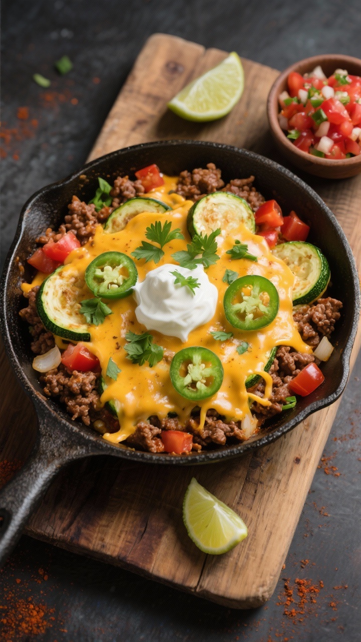 Overhead skillet shot of a cheesy taco zucchini skillet: browned ground beef seasoned with chili powder, cumin, paprika, garlic, and onion, folded with sautéed zucchini half-moons, diced tomatoes, and melty cheddar-jack cheese, topped with chopped cilantro, sliced jalapeños, and a dollop of sour cream; warm low-carb vibe, cast-iron on a rustic wooden board, lime wedges and a small bowl of pico de gallo on the side, vibrant reds, greens, and golden cheese pull, no people, professional studio lighting.