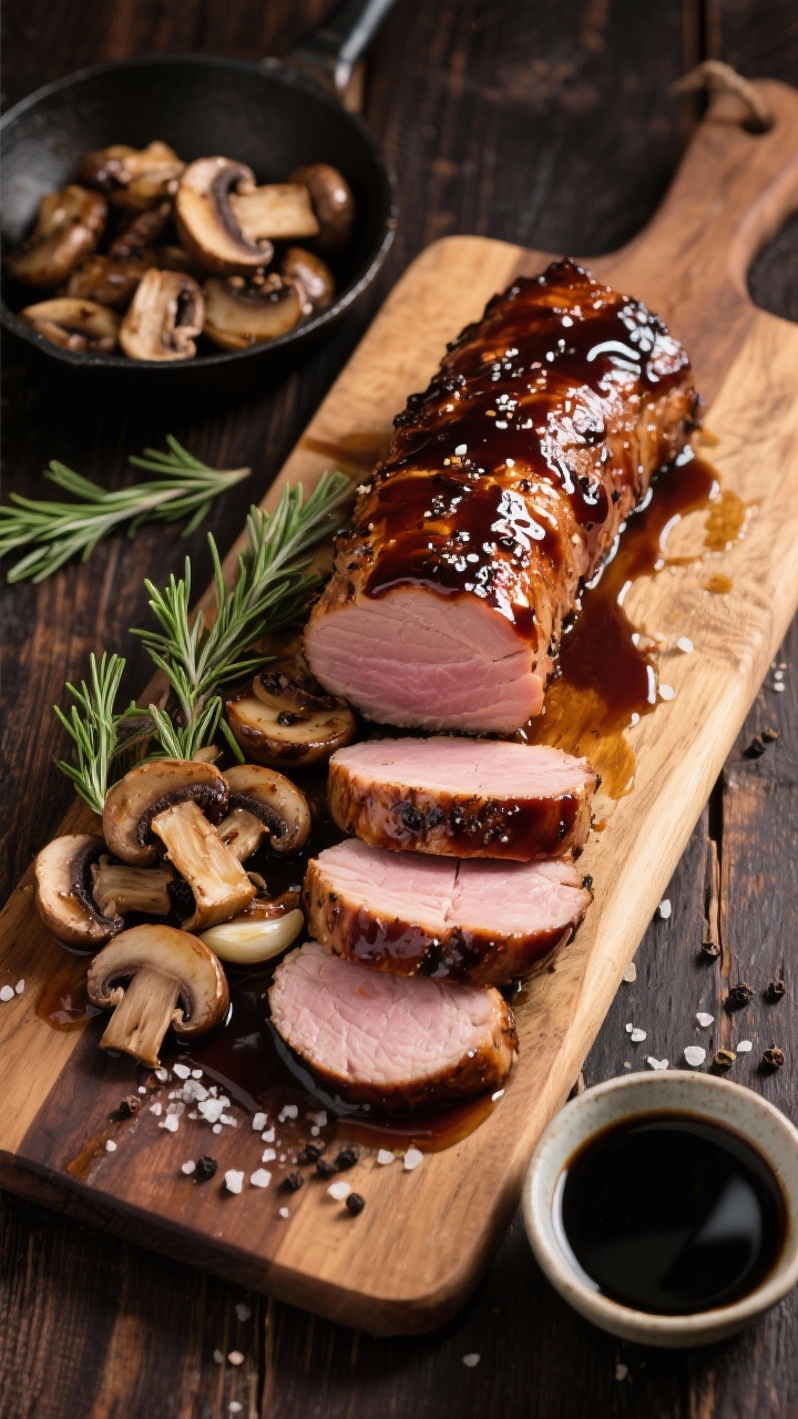 Overhead slicing board: balsamic-glazed pork tenderloin, lacquered and glossy, sliced medallions showing a juicy blush center. Garlicky cremini mushrooms sautéed with thyme piled alongside, pan juices drizzled over. Kosher salt flakes and black pepper sprinkled on top; a small bowl of thick balsamic reduction nearby; dark wood backdrop for richness.