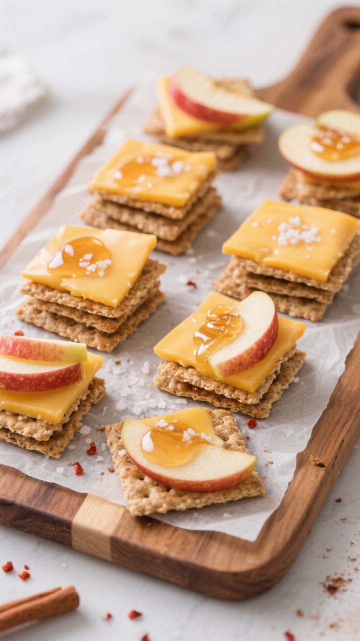 Overhead snack board of apple cheddar cracker stacks: whole-grain crackers topped with thin slices of sharp cheddar and crisp apple, a delicate honey drizzle across a few stacks, pinch of flaky salt sprinkled, optional tiny dusting of cinnamon or crushed red pepper on one or two; arranged in a tidy grid on parchment over a wood board, bright and crisp.
