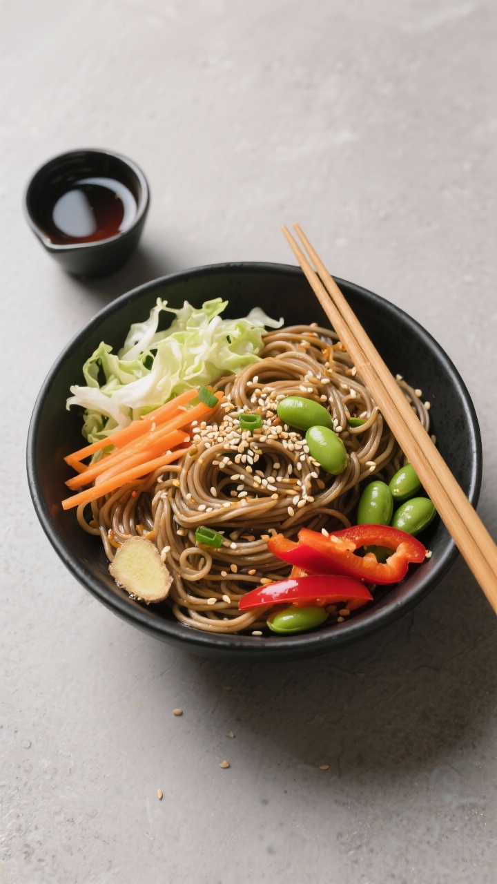 Overhead soba noodle bowl with sesame-ginger vibes: tangle of soba noodles topped with shredded cabbage, julienned carrot, thinly sliced red bell pepper, sliced green onions, edamame, and a glossy sesame-ginger soy dressing (toasted sesame oil, soy, rice vinegar, fresh ginger); sprinkled with sesame seeds; styled in a matte black bowl with chopsticks and a small pouring cup of extra dressing, bright, takeout-beating freshness.