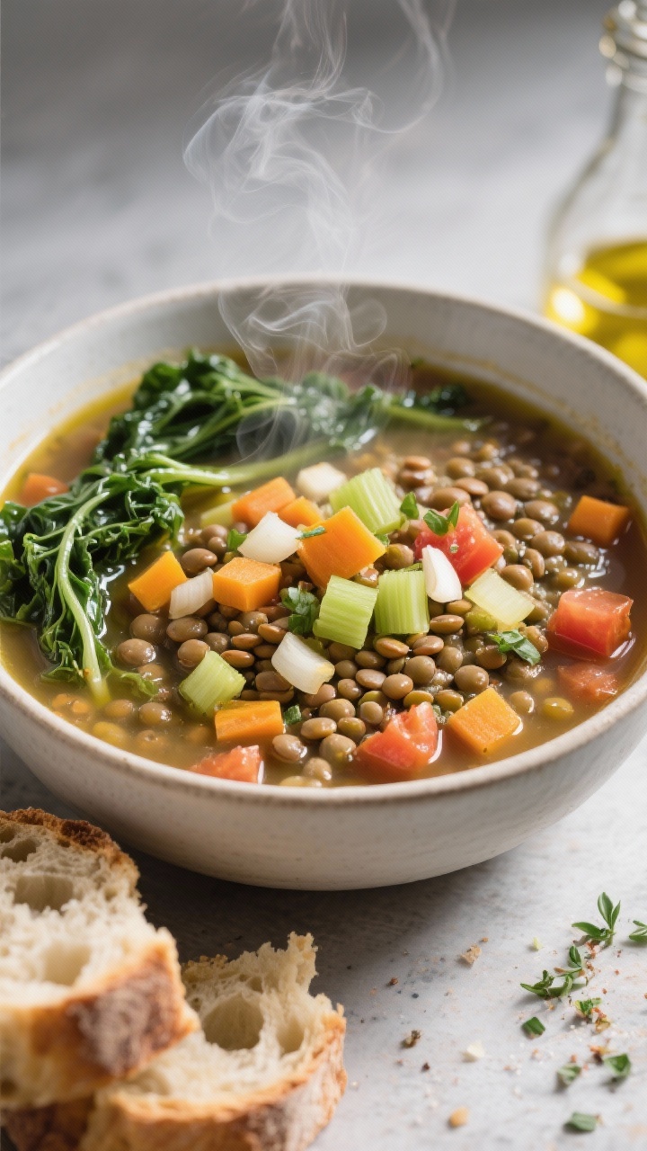 Overhead steaming bowl of Hearty Lentil and Kale Soup: a deep bowl filled with olive oil–based broth studded with diced yellow onion, carrots, celery, minced garlic, green/brown lentils, and diced tomatoes, with ribbons of kale just wilted; torn crusty bread and a drizzle of olive oil nearby; rich, comforting colors with visible herb flecks and gentle steam rising.