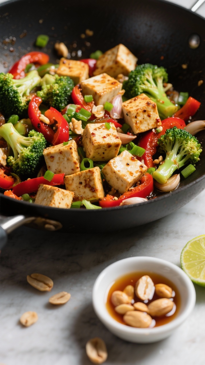 Overhead stir-fry action scene: spicy tofu and broccoli in a dark wok. Cubed extra-firm tofu dusted with cornstarch crisped in avocado oil, tossed with broccoli florets, sliced red bell pepper, chopped green onions, and minced garlic. A small side dish shows peanut-lime drizzle ready to pour; glossy, char-kissed edges on tofu, vibrant green and red contrast, scattered crushed peanuts and lime wedges for a bold, fresh vibe.